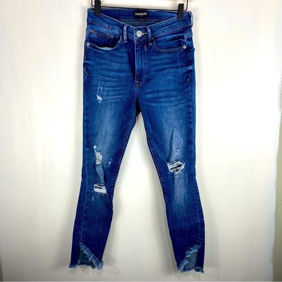 Express Raw Hem Distressed Medium Wash High Rise Leggings Denim Jeans Size 4 - Picture 1 of 6